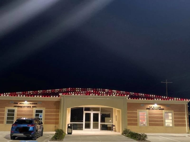 La Marque Fire Department with Christmas lights outlining the roof