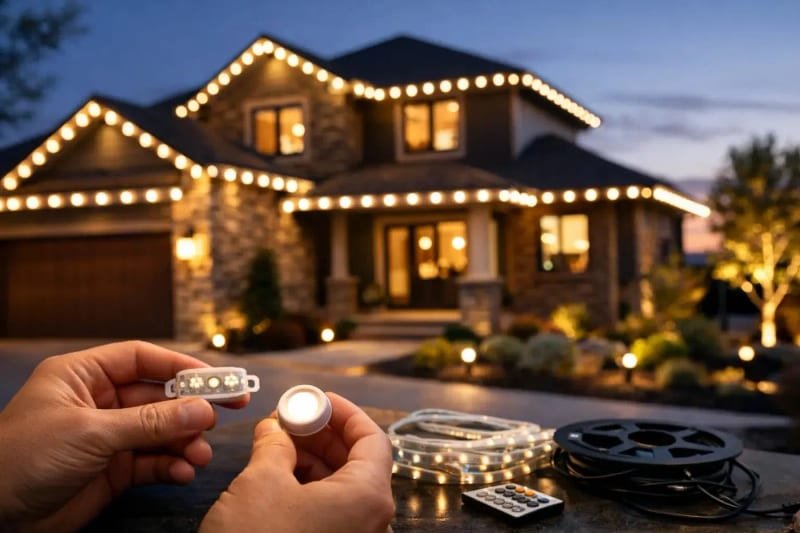 Permanent LED lighting installed along a home's roofline