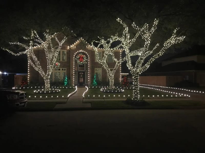Oak trees wrapped in lights beside a house with its roofline and landscaping lit