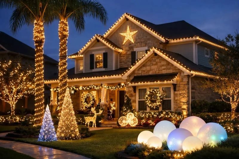 Home with Christmas lights along every roofline and a lit star on the gable