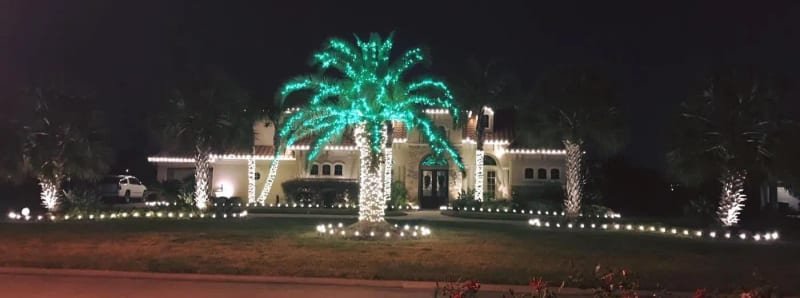 Spanish-style house with several palm trees wrapped in Christmas lights