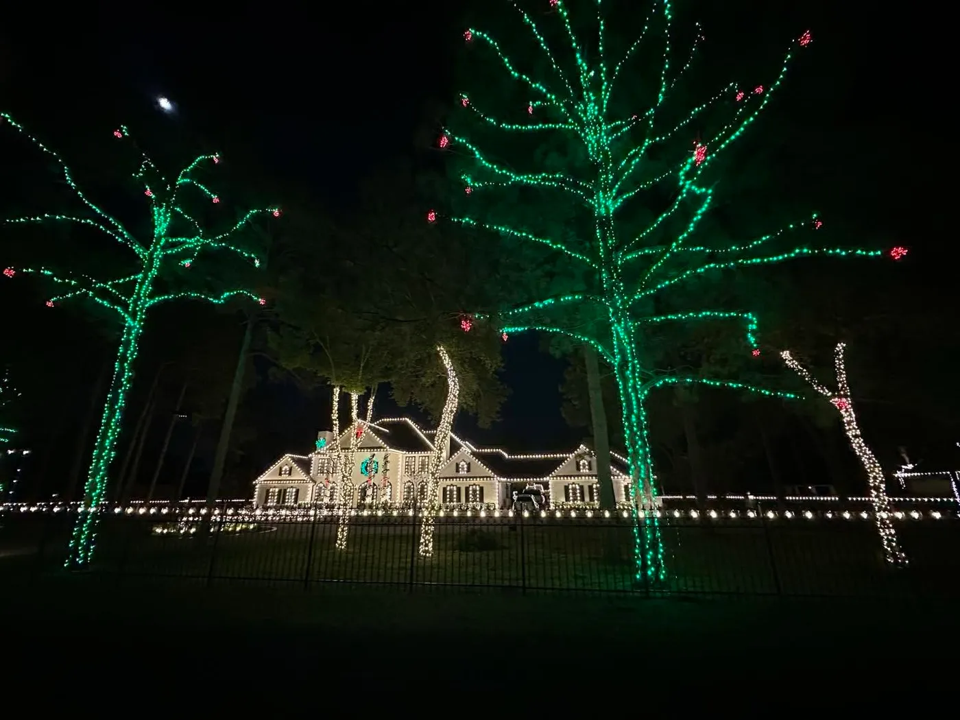 Wide-angle view of palatial estate wrapped in Christmas lights with trees wrapped in Christmas lights