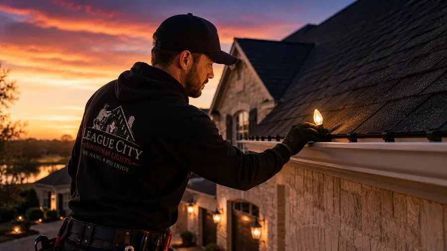 Technician installing holiday lighting along a roofline at dusk