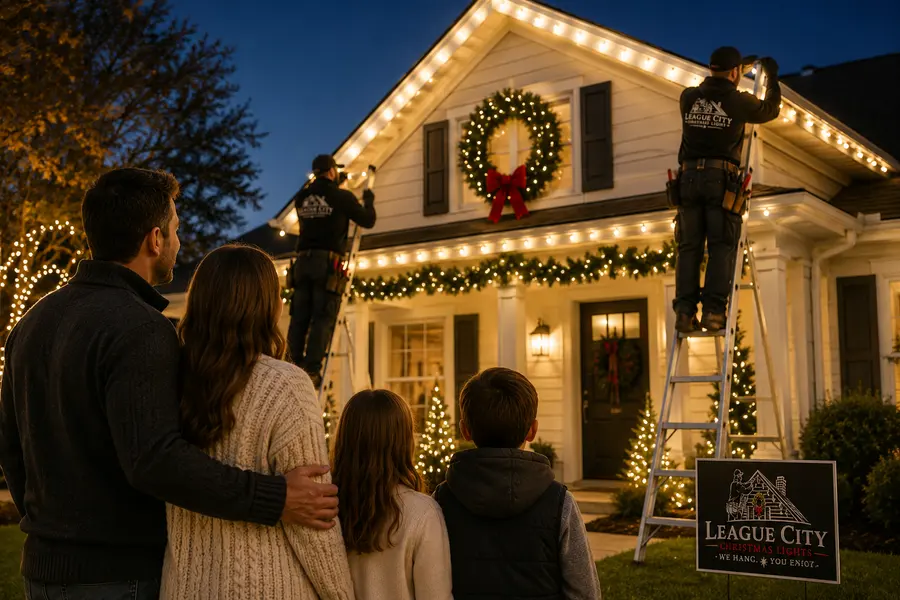 Family gathered outside admiring a lit-up home in the evening