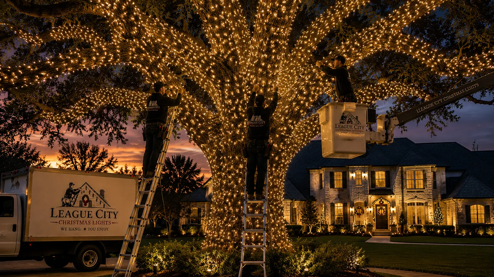 Crew using lift equipment to wrap string lights around a large tree