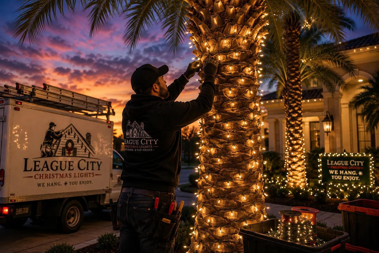 Technician installing string lights on a palm tree trunk at dusk