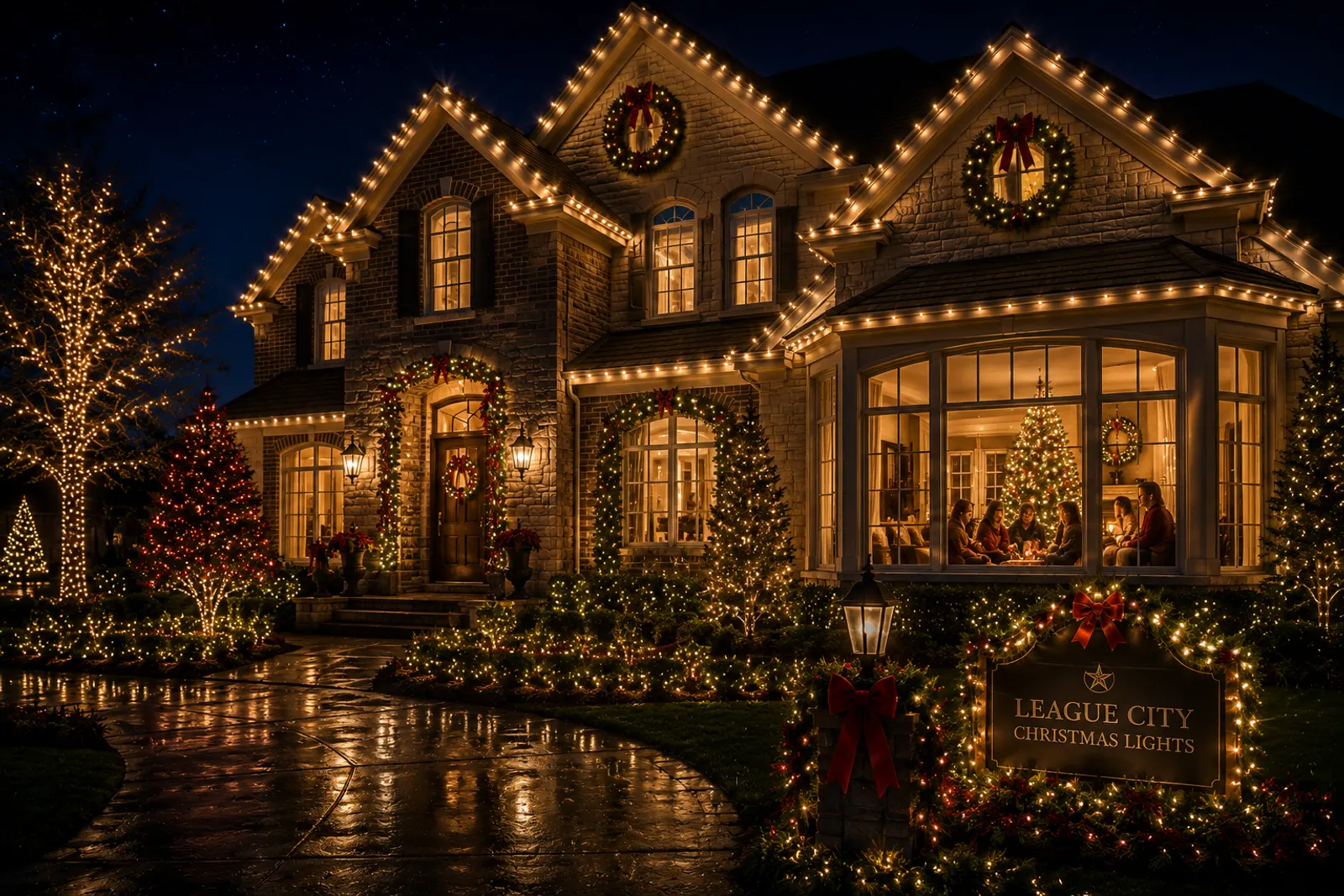 Home decorated with wreaths, garland, and string lights on Christmas Eve