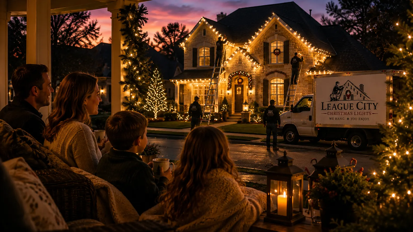 Family enjoying a fully lit holiday display in their front yard